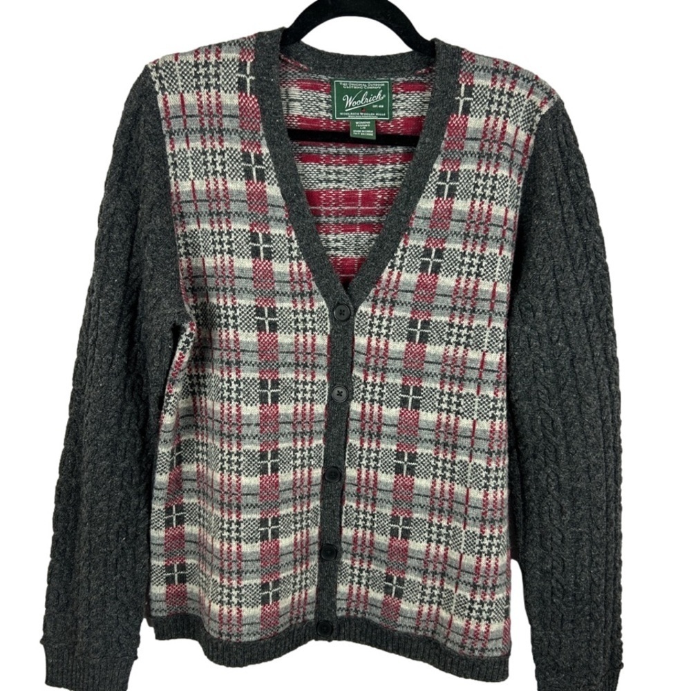 Woolrich Gray and Red Plaid Cardigan
